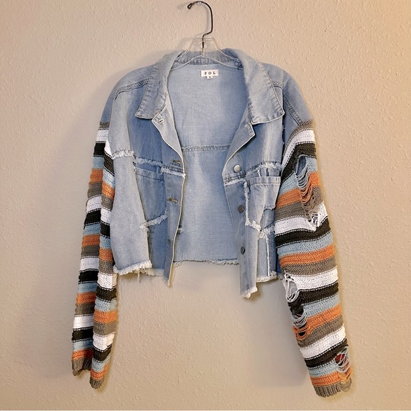 064. POL Distressed Oversized Crop Denim Ripped Stripe Crochet Sleeve Jacket - Picture 2 of 14